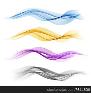 Vector Set of color abstract wave design element. Abstract background, color flow waved lines for brochure, website, flyer design. Transparent smooth wave. Purple, gold, blue. Set of color abstract wave design element