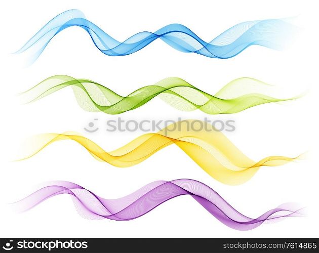 Vector Set of color abstract wave design element. Abstract background, color flow waved lines for brochure, website, flyer design. Transparent smooth wave. Green, blue, orange, purple. Set of color abstract wave design element