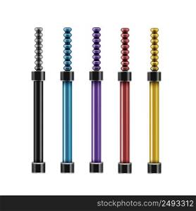 Vector set of colored black, blue, violet, red, yellow e-hookahs front view isolated on white background. Set of e-hookahs