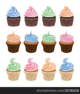 vector set of colorful cupcake icons isolated on white background. collection of dessert, birthday and fruit cupcakes. cake muffins with cream