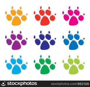 vector set of colorful dog's foot prints, flat style. isolated on white background