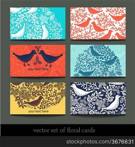 vector set of colorful floral cards with birds and flowers
