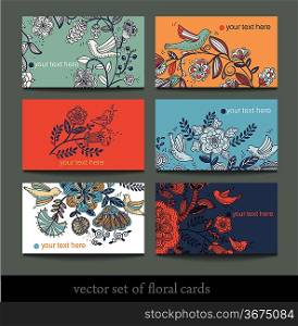 vector set of colorful floral cards with fantasy plants and birds