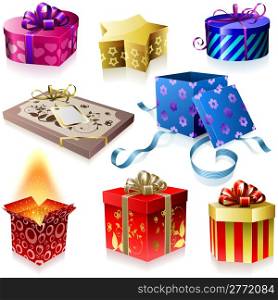 Vector set of colorful gift boxes with ribbons and bows isolated on white background.
