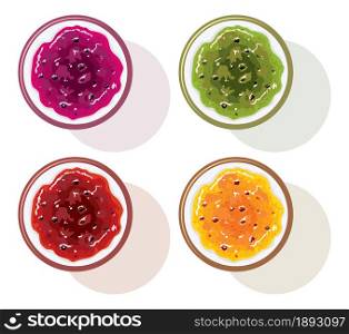 vector set of colorful glass jars with fruit jam isolated on white background.