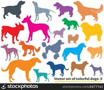 Vector set of colorful isolated different breeds dogs silhouettes on white background. Part 3