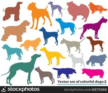 Vector set of colorful isolated different breeds dogs silhouettes on white backround. Part 2