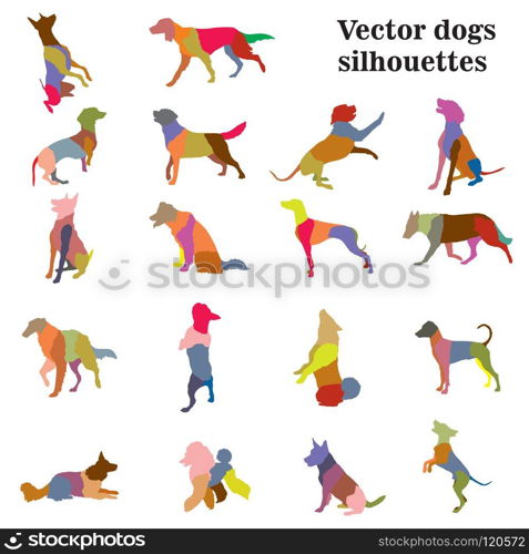 Vector set of colorful mosaic different breeds dogs silhouettes in motion- sitting, standing, lying, walking in profile isolated on white background.