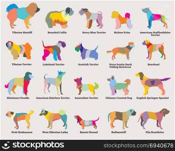 Vector set of colorful mosaic isolated different breeds dogs silhouettes on grey background. Part 5