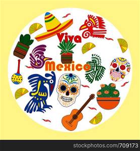 Vector set of colorful objects, cartoons and icons of Mexico. Illustration with symbols of Mexico