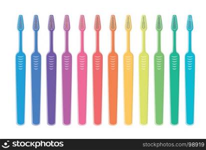 vector set of colorful toothbrushes isolated on white background. tooth brush collection with no toothpaste. dental hygiene care symbol. plastic toothbrush for clean and healthy teeth