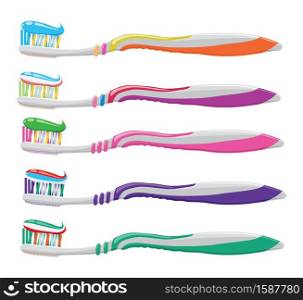 vector set of colorful toothbrushes isolated on white background. tooth brush with toothpaste. dental hygiene care symbol. plastic toothbrush for clean and healthy teeth.
