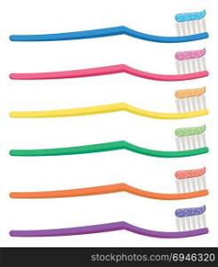 vector set of colorful toothbrushes isolated on white background. tooth brush with toothpaste. dental hygiene care symbol. plastic toothbrush for clean and healthy teeth