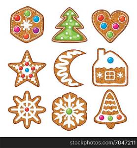 vector set of colorful xmas gingerbread cookies: tree, heart, star, moon, house, flower and bell for christmas holiday food backgrounds. ginger bread icons isolated on white background