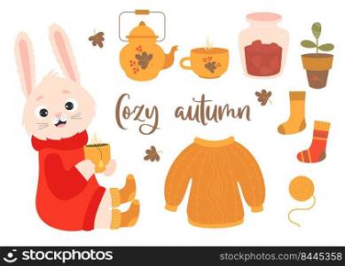 Vector set of cozy autumn. Cute rabbit with cup of hot tea, knitted clothes, teapot, strawberry jam, an indoor flowerpot and ball of thread. Vector illustration. Isolated elements for fall design