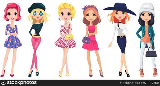 Vector set of cute beautiful girls in dresses, hats, in trendy mirrored glasses, with bags.. Vector Set cute fashion girls