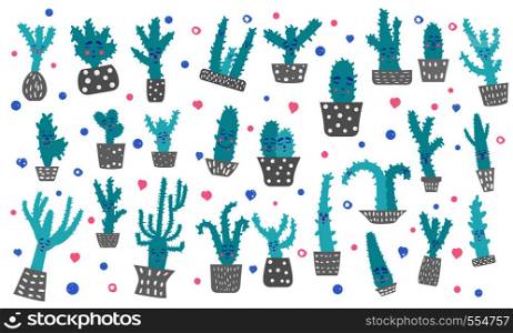 Vector set of cute cactuses. Collection of houseplant characters isolated on white background.