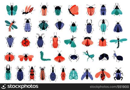 Vector set of cute cartoon bugs or beetles, butterflies. Isolated elements, clipart on white background. Scandinavian style, flat. Design of cards, prints, posters. Childrens illustration.. Vector cartoon bugs