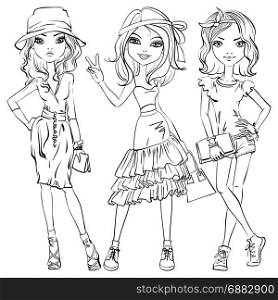 Vector SET of cute fashionable girls. Black and white set of cute beautiful girls in t-shirt and skirt, shorts, with ribbon in his hair or hat and bag