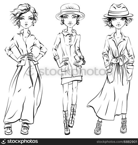 Vector SET of cute fashionable girls. Black and white set of cute beautiful girls in jacket, coat and skirt, hat and boots