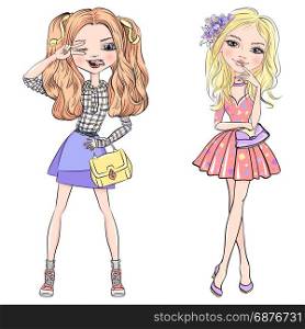 Vector SET of cute fashionable girls. Cute beautiful girls in t-shirt and skirt, dress, with ribbon or flower in his hair and bag