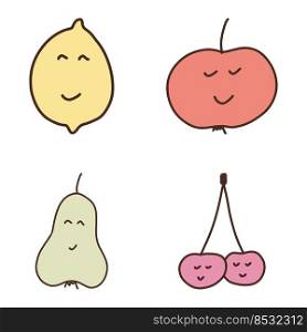 Vector set of cute fruits. Funny kawaii fruit characters isolated on white. Smily cartoon doodle fruits.. Vector set of cute fruits. Funny kawaii fruit characters isolated on white. Smily cartoon doodle fruits