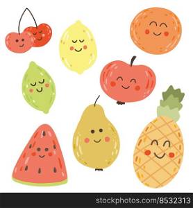 Vector set of cute fruits. Funny kawaii fruit characters isolated on white. Smily cartoon doodle fruits.. Vector set of cute fruits. Funny kawaii fruit characters isolated on white. Smily cartoon doodle fruits