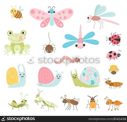 Vector set of cute insects. Funny characters of insects, beetles and invertebrate arthropods, flying and crawling, beneficial and pests. Isolated elements for design, printing and decoration