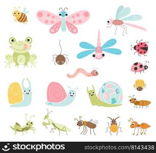 Vector set of cute insects. Funny characters of insects, beetles and invertebrate arthropods, flying and crawling, beneficial and pests. Isolated elements for design, printing and decoration