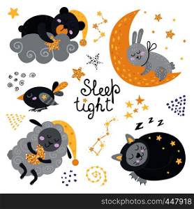 Vector set of cute sleeping animals. Vector illustration for your design