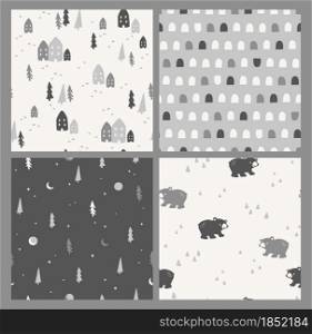 Vector set of cute winter seamless patterns. Nature, trees, houses, bears. Trendy hand drawn texture. Design for textile, wall art, wrapping paper, wallpaper and other uses.. Vector set of cute winter seamless patterns. Nature, trees, houses, bears.
