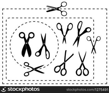 vector set of cutting scissors and coupon border lines
