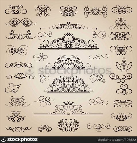 Vector set of decorative classical swirls and strokes. Medieval elements set. Drawing contour strokes swirl for page illustration. Vector set of decorative classical swirls and strokes. Medieval elements set