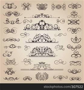 Vector set of decorative classical swirls and strokes. Medieval elements set. Drawing contour strokes swirl for page illustration. Vector set of decorative classical swirls and strokes. Medieval elements set