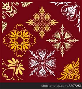 vector set of design elements. Traditional vintage golden square set of design elements on a red abackground
