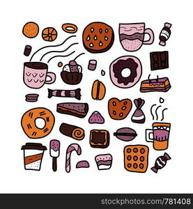 Vector set of desserts. Square composition of cookies, sweets cakes, donuts, candy and others snacks in doodle style isolated on white background.