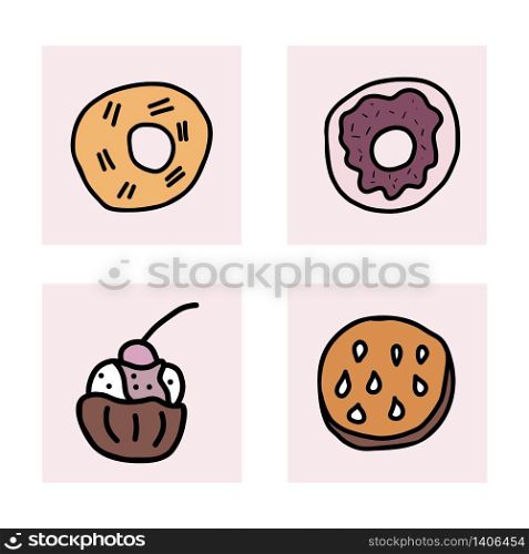 Vector set of desserts. Sweets cakes, donuts, candy and others snacks in doodle style isolated on white background.