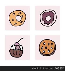 Vector set of desserts. Sweets cakes, donuts, candy and others snacks in doodle style isolated on white background.