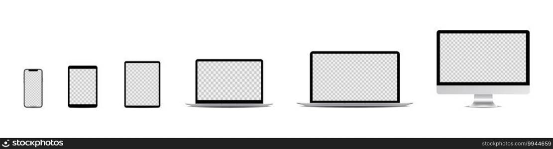 Vector set of device layouts. Monoblock, laptop, tablet and smartphone.