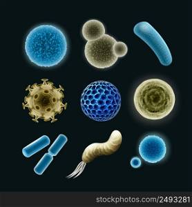 Vector set of different bacteria and virus cells cocci, spirilla, bacilli, diplobacilli isolated on dark background. Set of bacteria