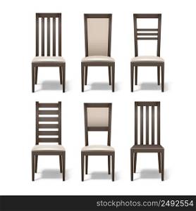 Vector set of different brown wooden room chairs with soft beige upholstery isolated on white background. Set of wooden chairs