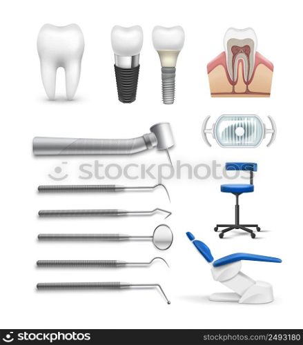 Vector set of different dental objects tools, lamp chair, drill, tooth implant and structure isolated on white background. Set of dental objects