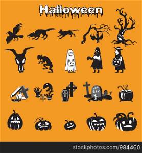 Vector set of different Halloween icons silhouette in black and white colors (scary dead tree, crow, cat, zombie, werewolf, boiler, skull, pumpkins and graves ) on orange background, stock illustration for designe.