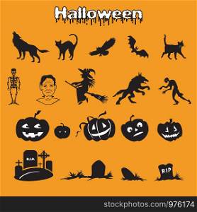 Vector set of different Halloween icons silhouette in black color (skeleton, Frankenstein, witch, zombie, werewolf, pumpkins and graves ) on orange background, stock illustration for designe.