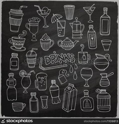 Vector set of different hand drawn beverages on chalkboard. Vector illustration