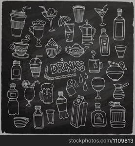 Vector set of different hand drawn beverages on chalkboard. Vector illustration