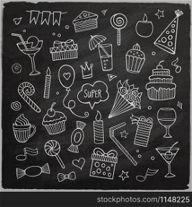 Vector set of different hand drawn holiday elements. Vector chalkboard illustration. Vector set of different hand drawn holiday elements.