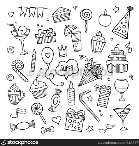 Vector set of different hand drawn holiday elements. Vector illustration. Vector set of different hand drawn holiday elements