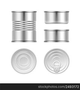 Vector set of different steel tin cans top and side view isolated on white background. Vector set of canned goods