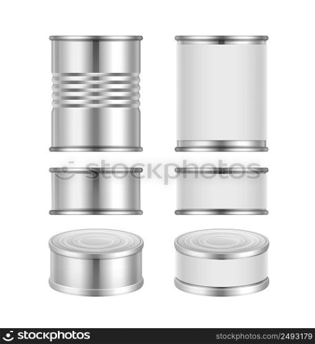 Vector set of different steel tin cans with blank packaging isolated on white background. Vector set of canned goods